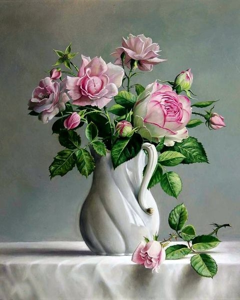 Картина по номерам 40x50 Нежные розы в белой вазе. Питер Вагеманс