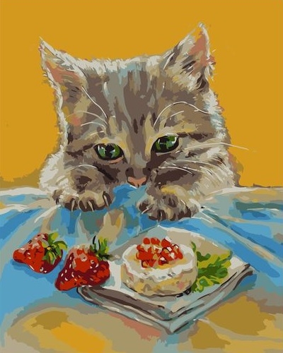 Картина по номерам 40x50 Котенок с аппетитом смотрит на клубнику