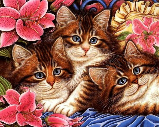 Алмазная мозаика 40x50 Три котёнка среди лилий