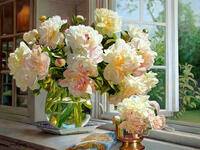 Без бренда «Ваза с букетом белых пионов у окна» в Тамбове