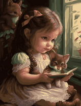 Маленькая девочка читает книжку своим игрушкам