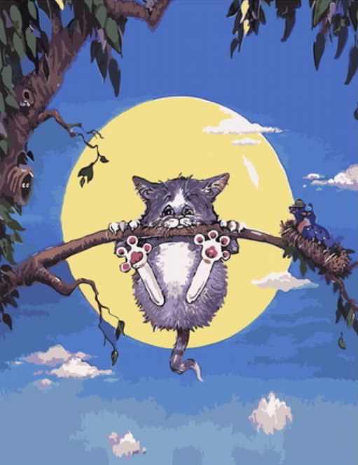 Картина по номерам 40x50 Уставший кот на ветке лунной ночью