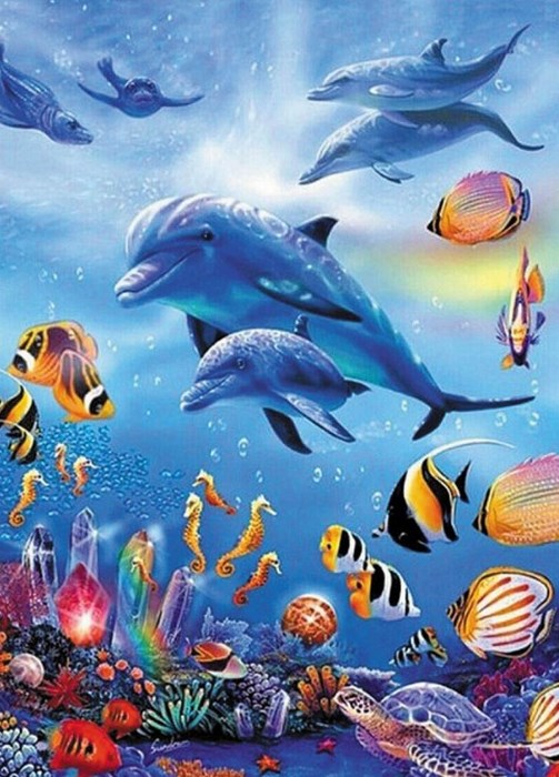 Алмазная мозаика 30x40 Дельфины и рыбки под водой