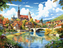 Живописный городок с рекой, мостом и старинными зданиями