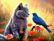 Серенький котик, птичка и маки