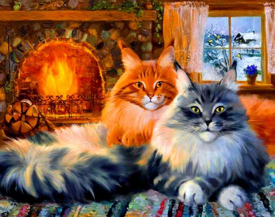 Картина по номерам 40x50 Серый кот и рыжая кошечка у камина